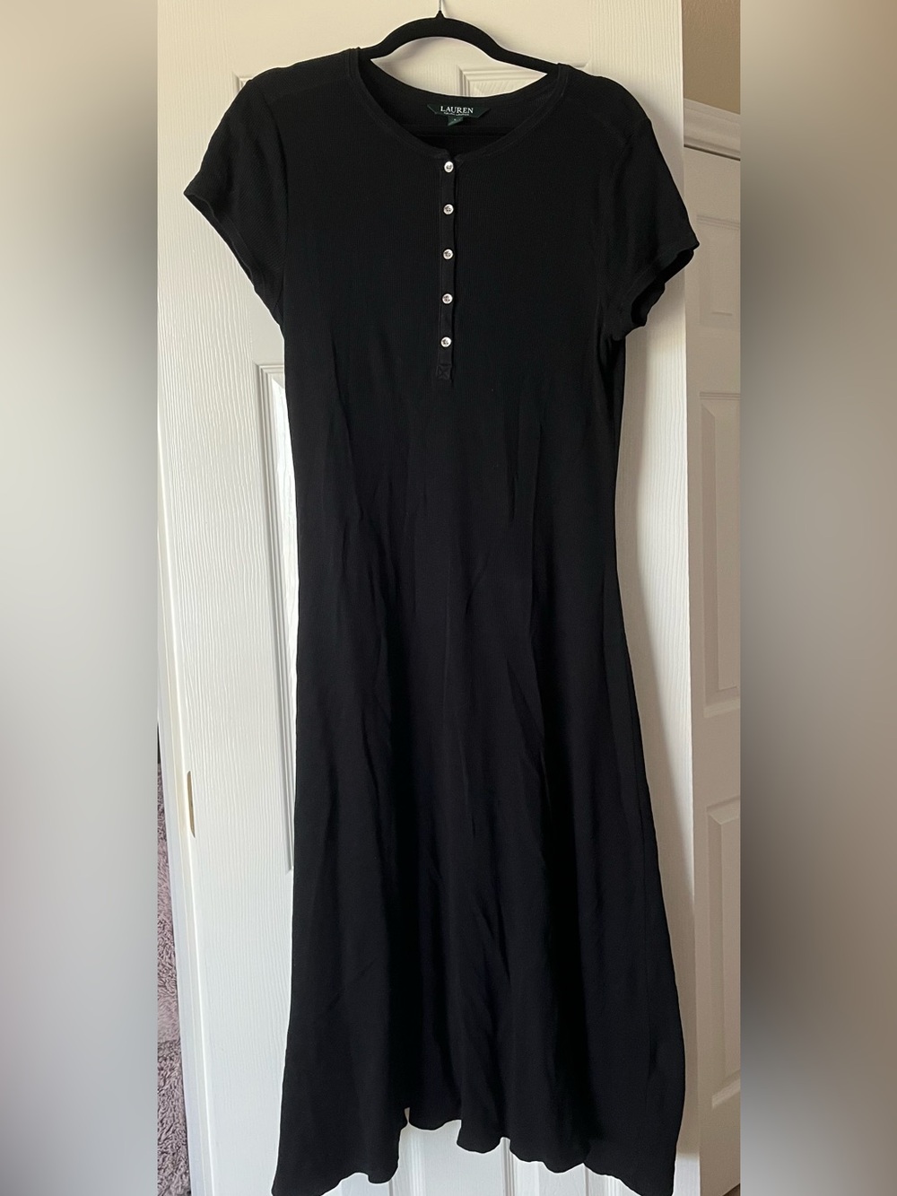 LAUREN Ralph Lauren Casual Black Dress. Size Large. Ribbed Henley Midi Style.